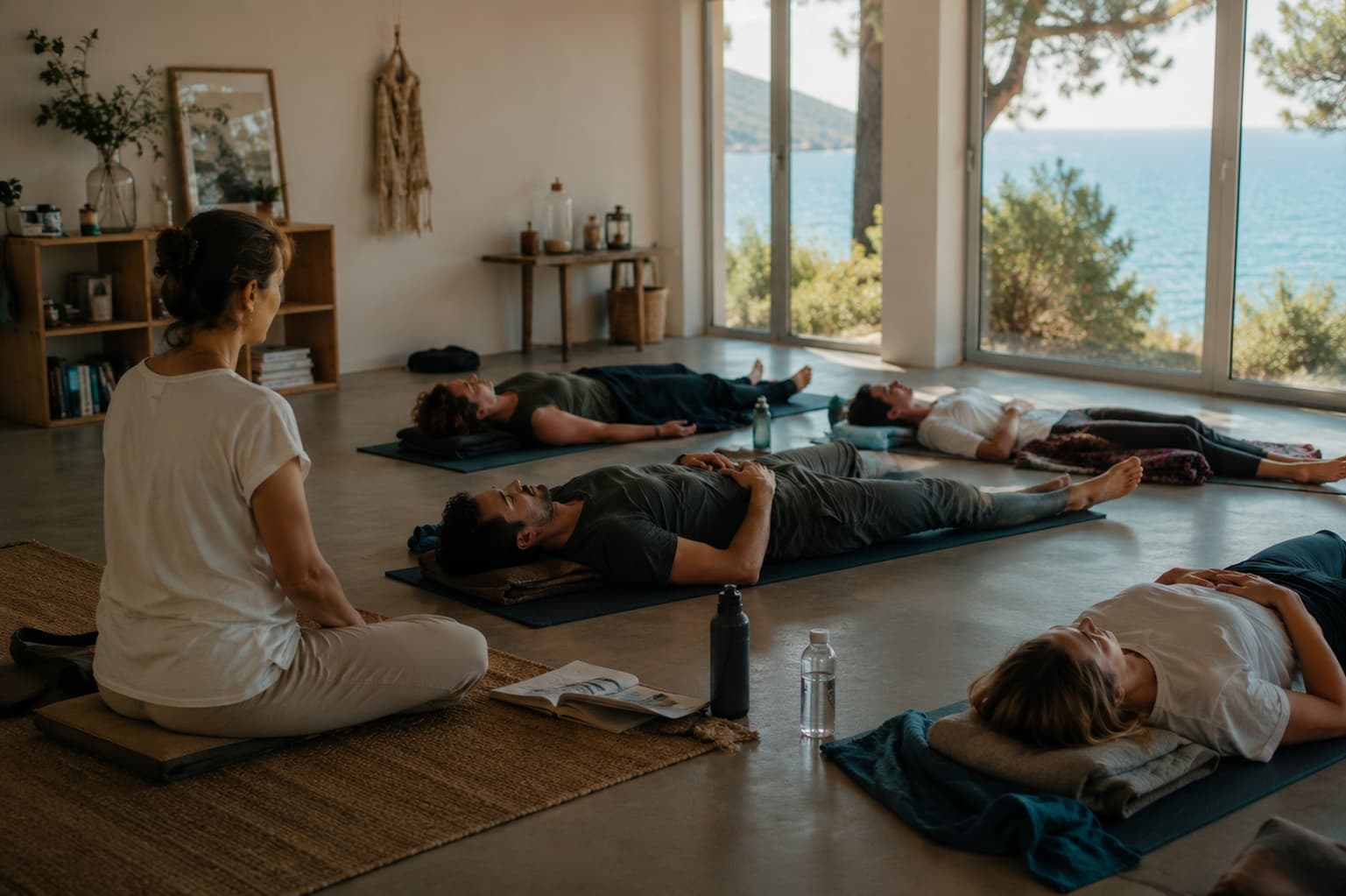 Vezetett relaxációs gyakorlaton fekvő résztvevők egy tengerre néző stúdióban